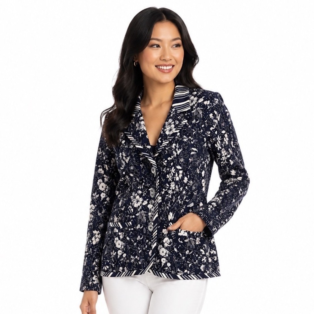 Weill Paris 100% Silk Floral Polka Dot Striped Trim Blazer Navy White Size 10